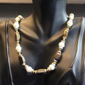Glass Faux Pearl Faceted Beads Tiger Eye Stone Necklace